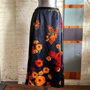 Vintage 60s 70s black satin vibrant floral flocked maxi skirt sz M EUC